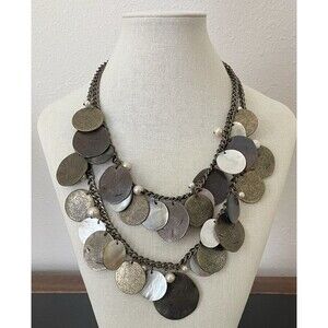 Chico’s Medallion Shell Faux Pearl Double Strand Statement Necklace